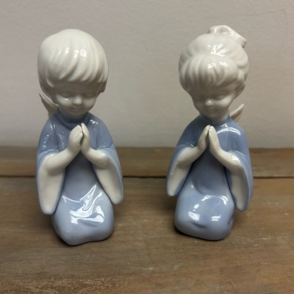 VTG 1960s Lefton China #565 Glazed Blue & White Ceramic Angel Children Praying